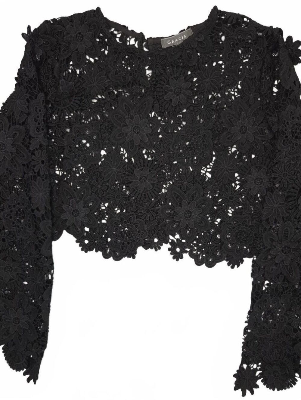 Gracia Black Floral Crochet Lace Long Sleeve Crop Top